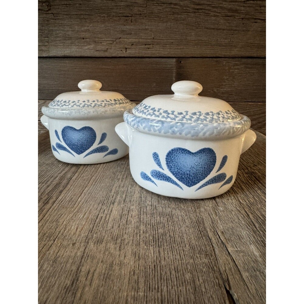 Vintage Set of 2 Pottery Soup Bowls "Blue Heart " Spongeware Handles with Lids